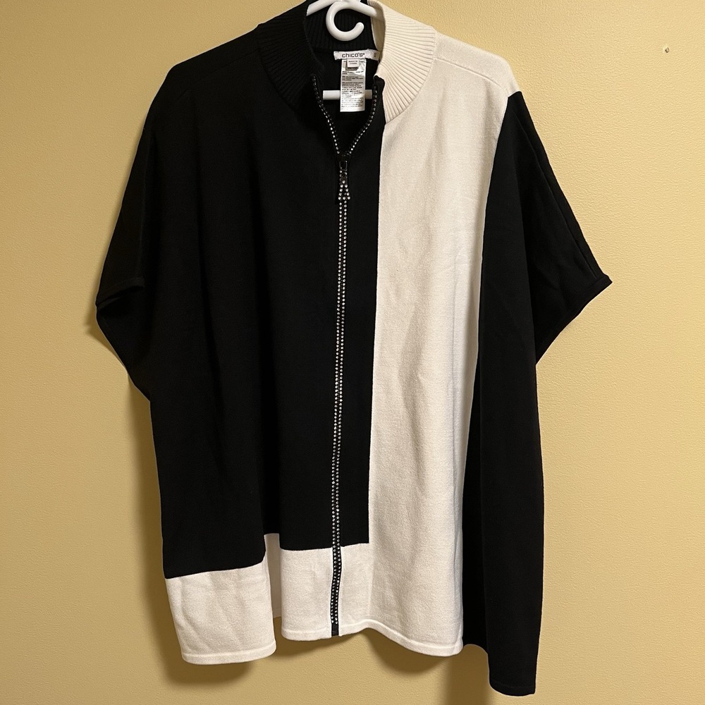 Chicos Color block Sweater Womens Small Medium Black White Sequin Zip Up Zipper